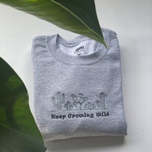 Embroidered Cactus Wild Plants on Ash Gray Crewneck