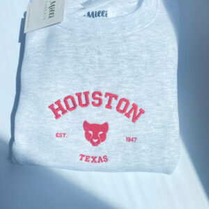 Embroidered university of Houston Texas with a cougar in ash color sweatshirt.